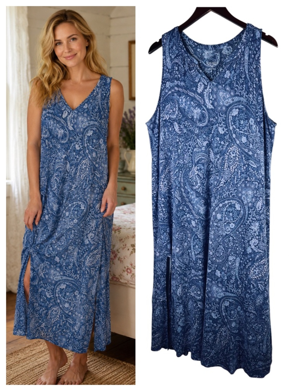 Ralph Lauren Long Maxi Midi Nightgown Sz XL 14 16 Blue Paisley Slvss Cottage